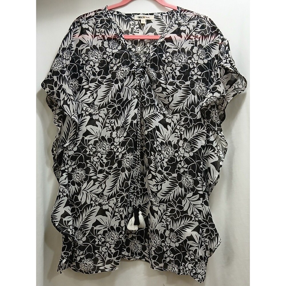 Miken Women's  Swim Cover Up Black White Size Small Tropical Sheer Beach Wear